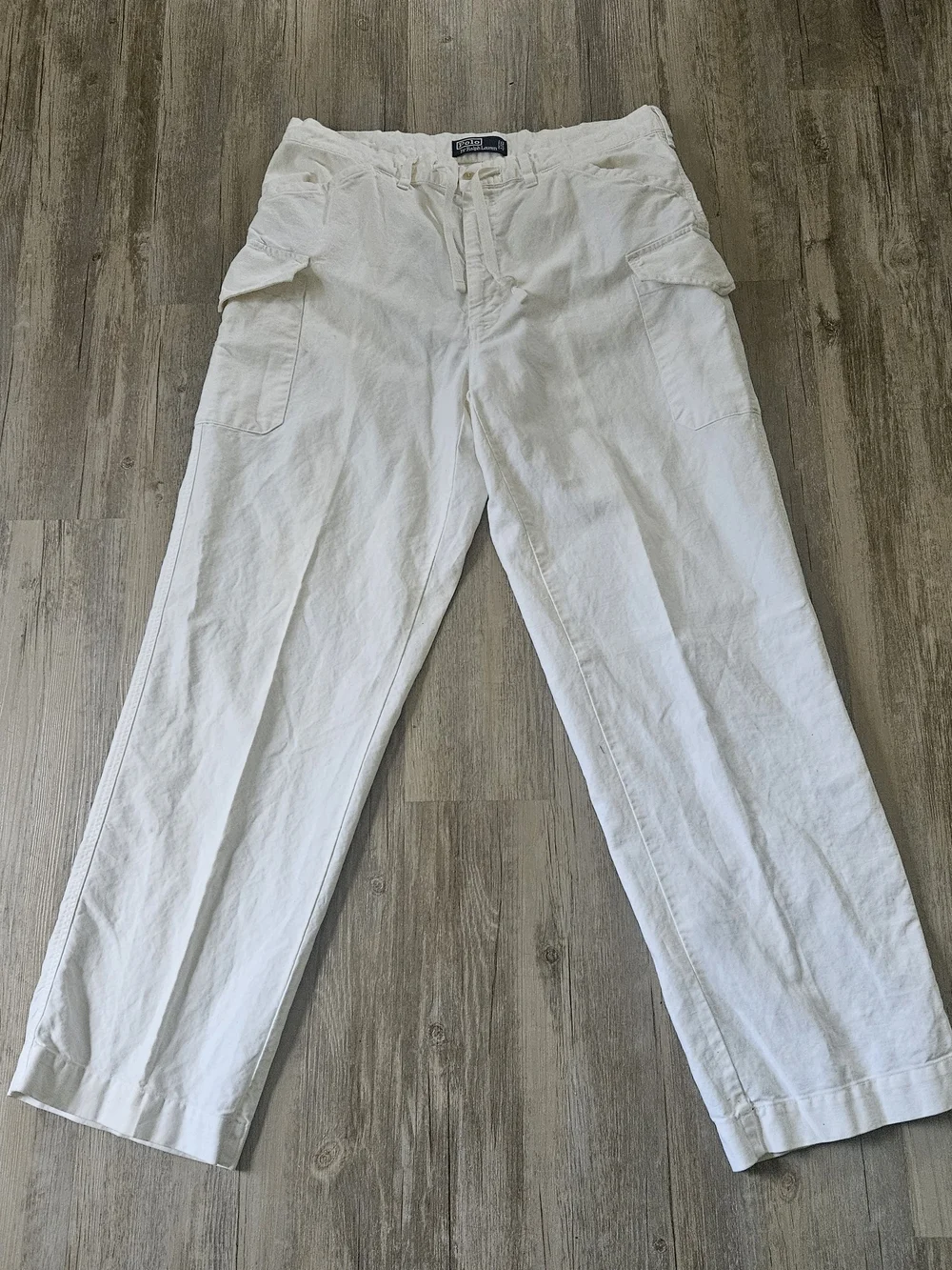 Vintage Polo Ralph Lauren Men's White Pleated Cargo Linen-Blend Pants Large